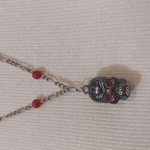 Sourpuss Goth Gothic Black Enameled Skull Pendant Silver Tone Station Necklace
